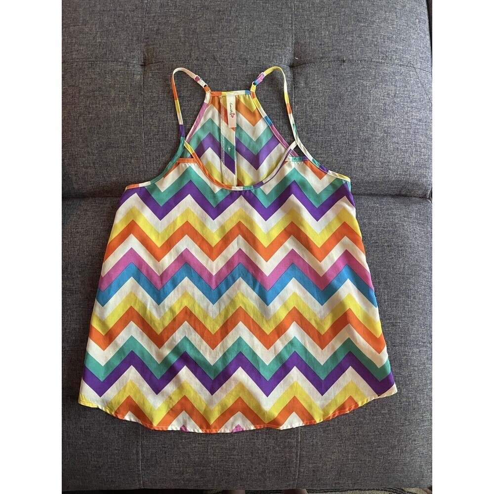 Eunishop Womens Top Size Medium Rainbow Pride Tank Chevron Button Back Racerback